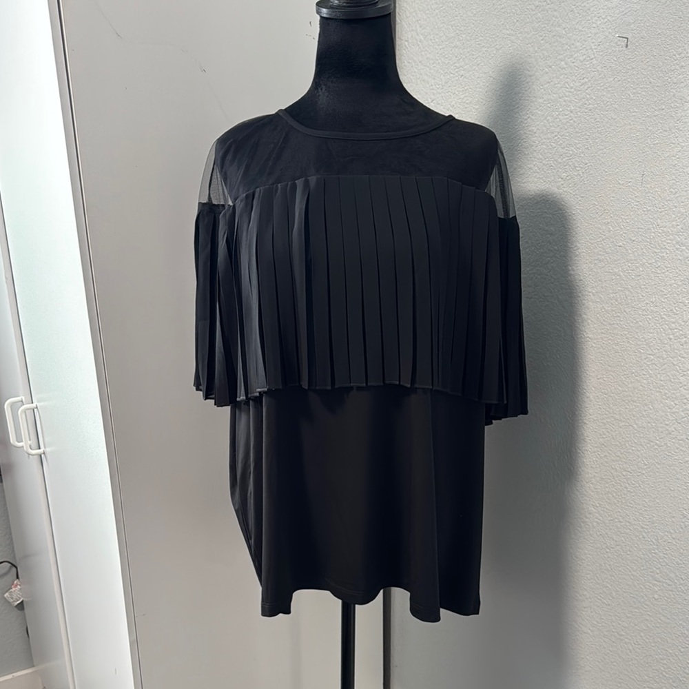 Jones New York Black Pleated Overlay Blouse